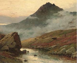 Alfred Fontville de Bréanski - A Drover And His Cattle Beside A Highland Stream With Mountains Beyond