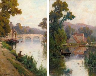 Alfred Fontville De Bréanski - A fisherman on the bank of the Thames with Richmond bridge beyond; and The mill at Streatley