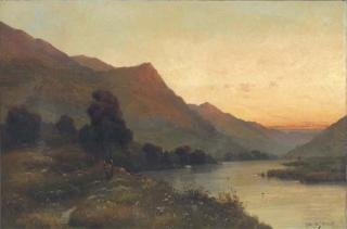 Alfred Fontville De Bréanski - A loch landscape at dusk