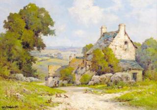 Alfred Fontville De Bréanski - Figures Before A Cottage In An Extensive Landscape