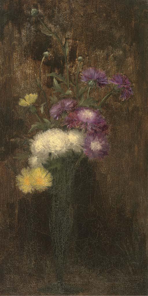 Alfred Frederick William Hayward - Purple, White And Yellow Flowers In A Tall Vase
