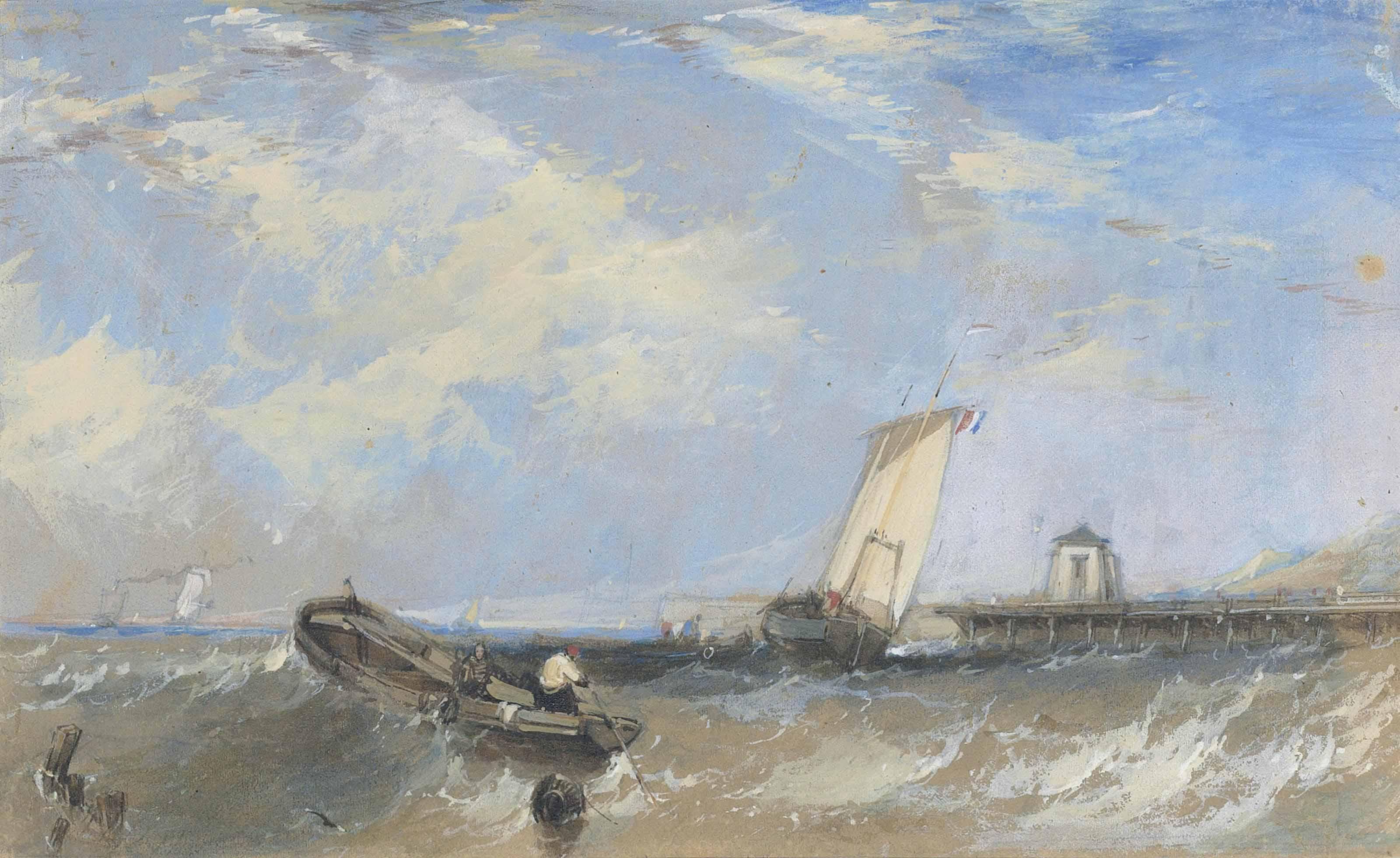 Alfred Gomersal Vickers - Shipping On A Rough Sea With A Harbour In The Background