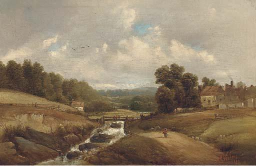 Alfred H. Vickers - Figure On A Track By A Brook, With Buildings Beyond