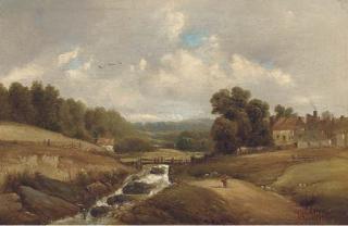 Alfred H. Vickers - Figure On A Track By A Brook, With Buildings Beyond