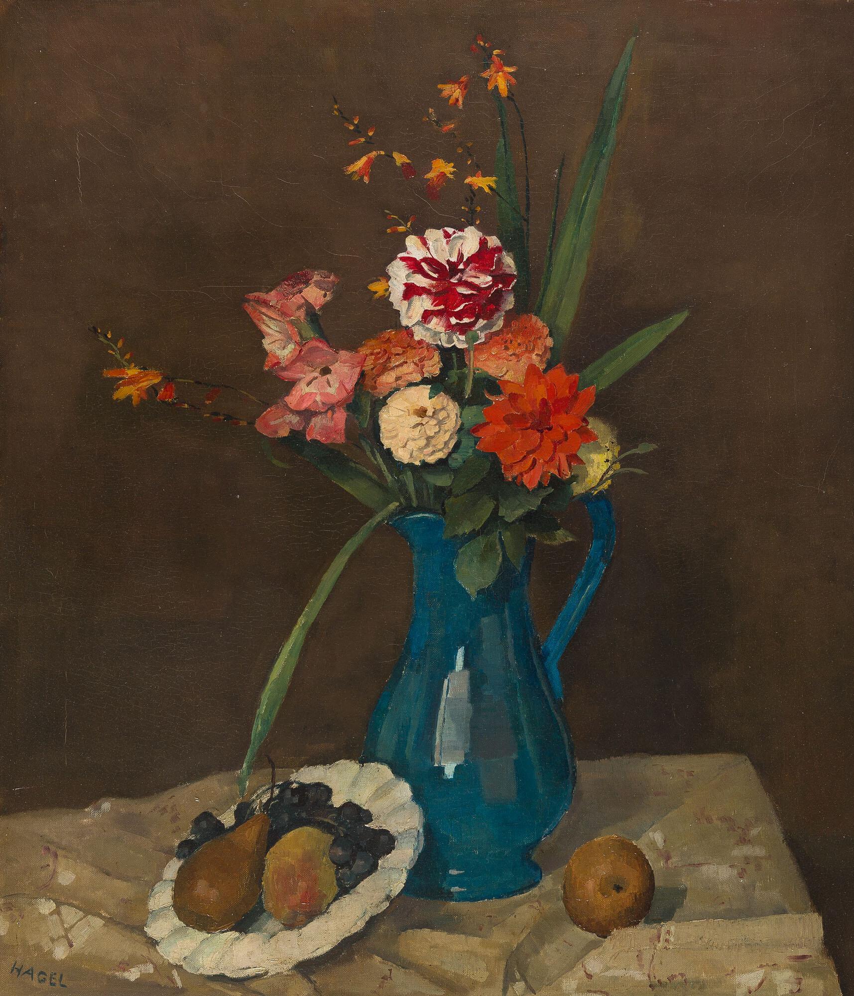 Alfred Hagel - Blumenstillleben mit Obstteller.