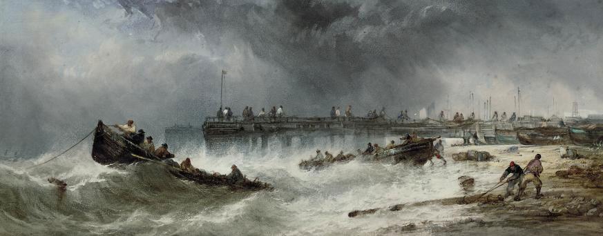 Alfred Herbert - Fishermen landing the day\'s catch and sorting their nets on the pier at Yarmouth