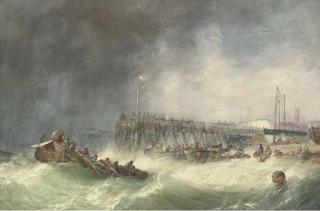 Alfred Herbert - Local craft salvaging wreckage offshore at Great Yarmouth, with townspeople on the beach recovering barrels as bystanders watch from the pier