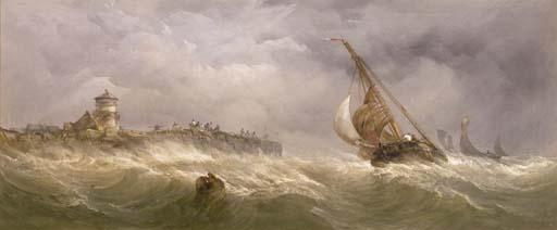 Alfred Herbert - Stormy weather, fishing boats beating into a harbour