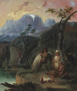 Alfred Jacob Miller - Trappers around a Campfire with the Wind River Mountains of the Rockies in the Background