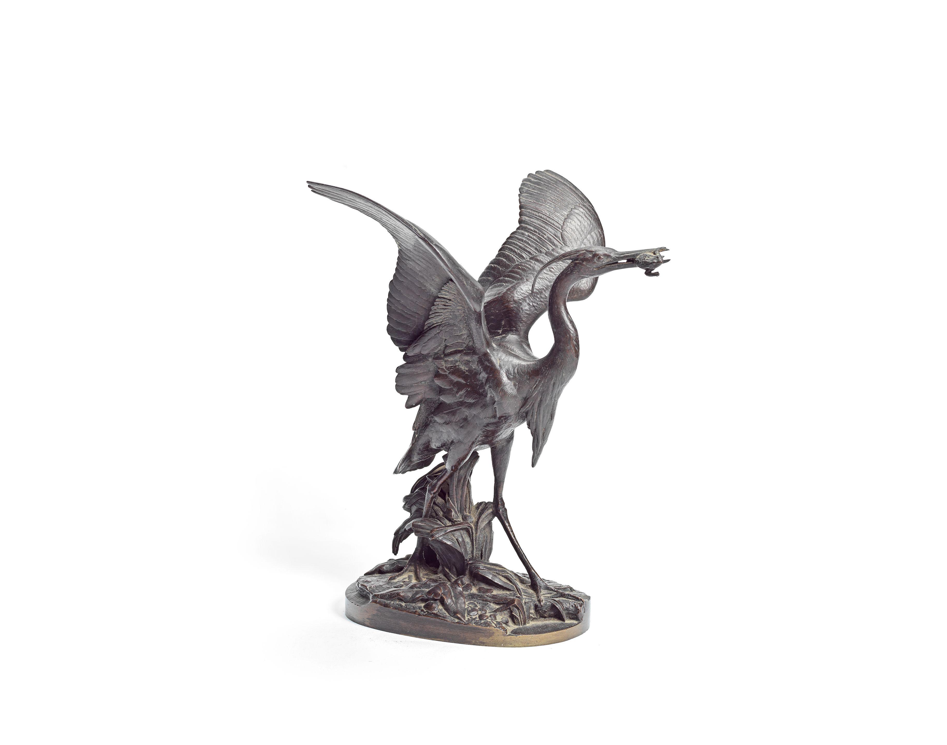 Alfred Jacquemart - A bronze model of heron catching a frog