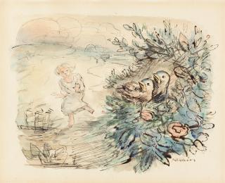 Alfred Kubin - Vogelpaar und Figur in Landschaft.