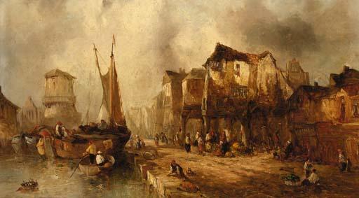 Alfred Montague - A Continental harbour; and Barges approaching a quay