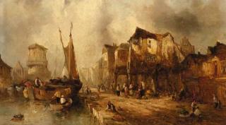 Alfred Montague - A Continental harbour; and Barges approaching a quay