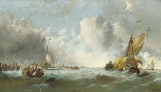 Alfred Montague - A hay barge and a hulk off a rocky coastline; and A hay barge leaving a Dutch harbour on a blustery day (illustrated)