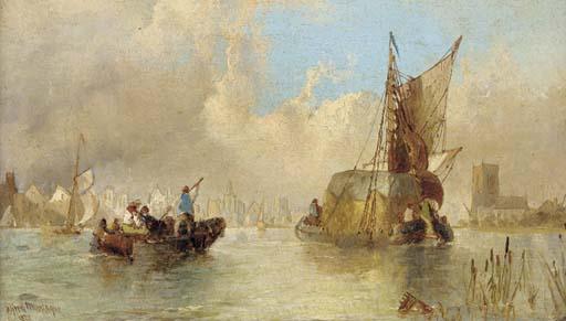 Alfred Montague - A hay barge and other vessels at a riverside town