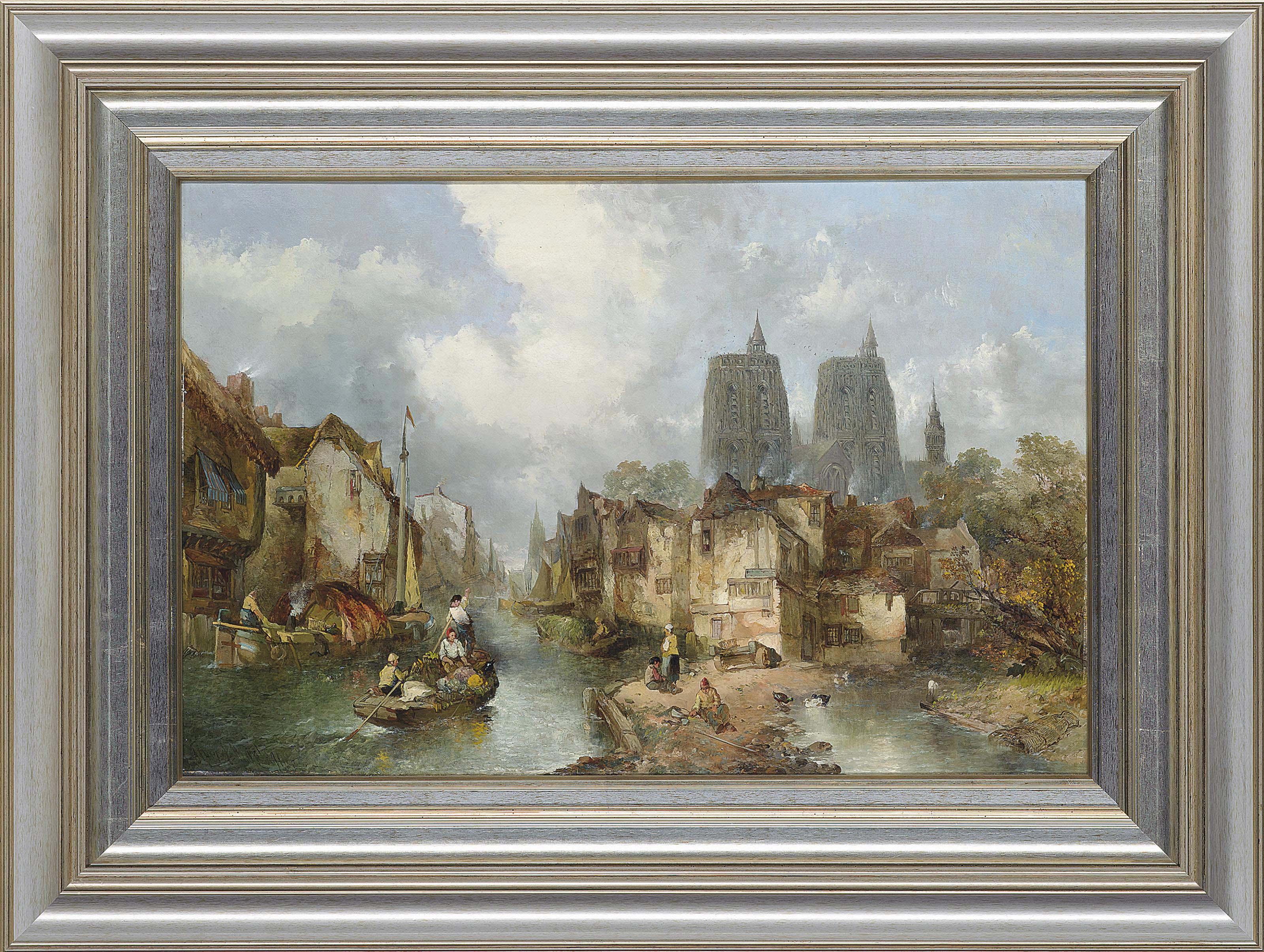 Alfred Montague - A Riverside Village Scene With Picturesque Figures