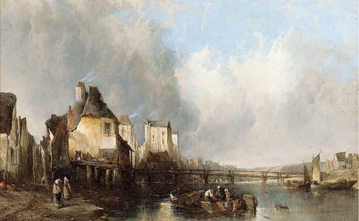 Alfred Montague - Figures by a river in a continental town