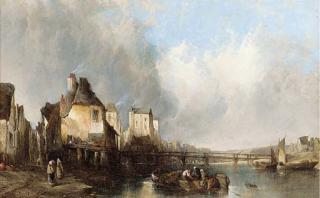 Alfred Montague - Figures by a river in a continental town