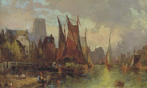 Alfred Montague - Hay Barges In A Continental Port At Dusk