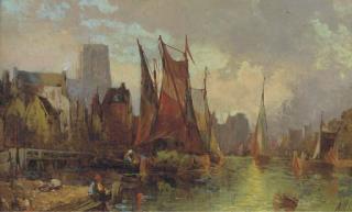 Alfred Montague - Hay Barges In A Continental Port At Dusk