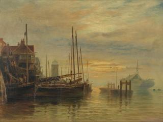 Alfred Montague - \'Herring Boats, Shields Harbour, Sunrise\'