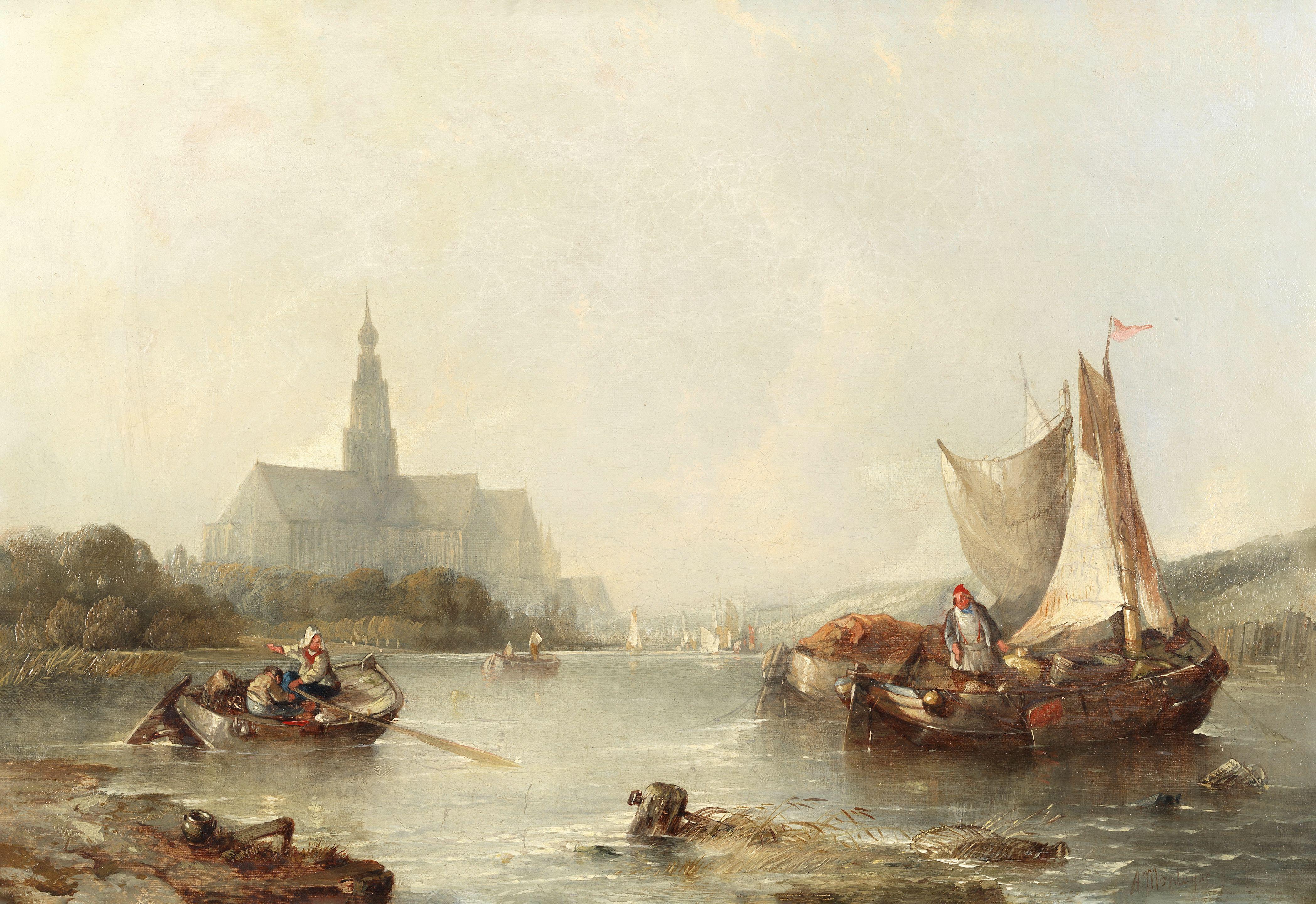 Alfred Montague - Shipping and small sailing vessels on a Dutch river