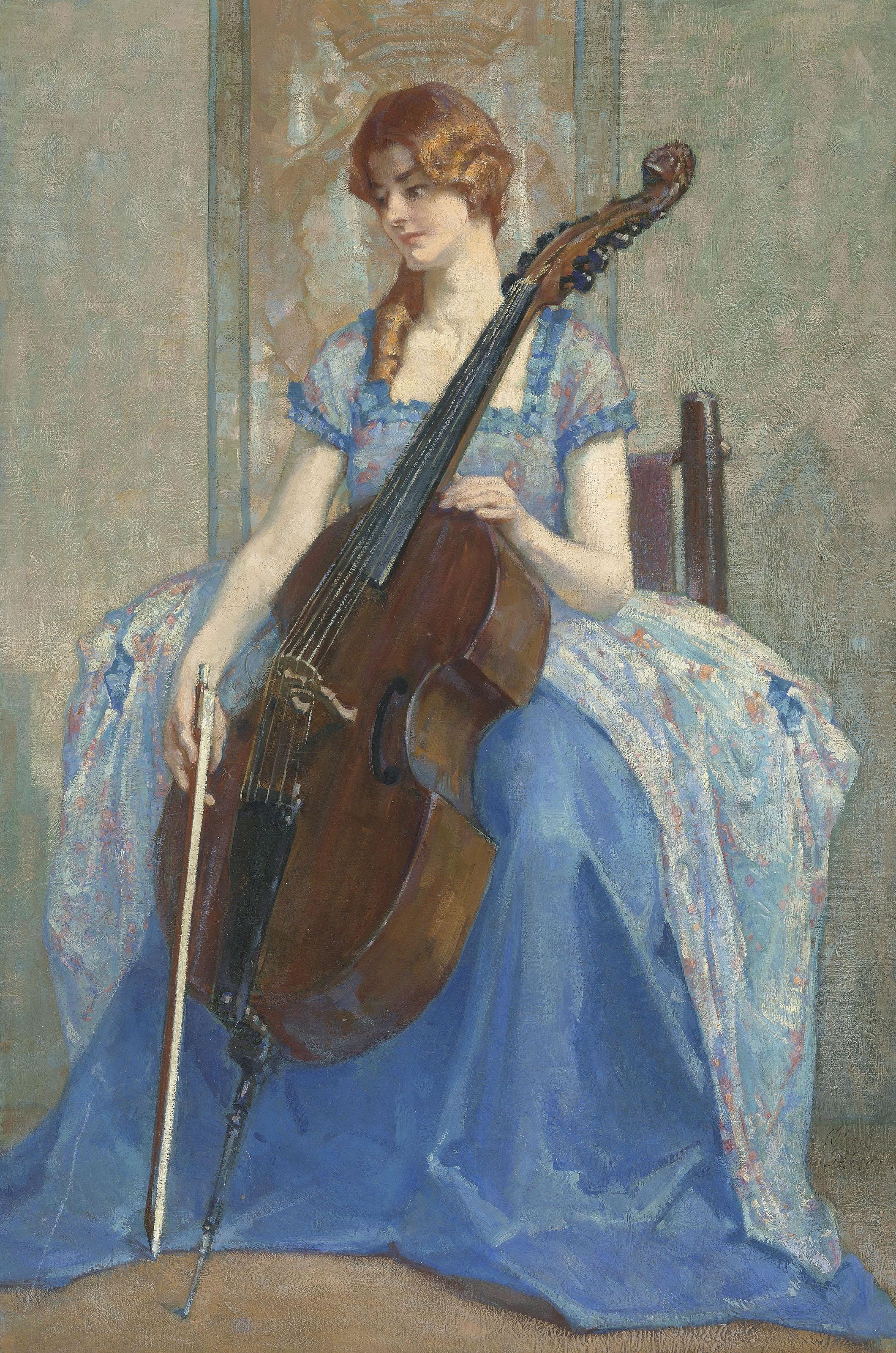 Alfred Palmer, R.O.I. - Francesca, the artist\'s daughter and her Viola da Gamba