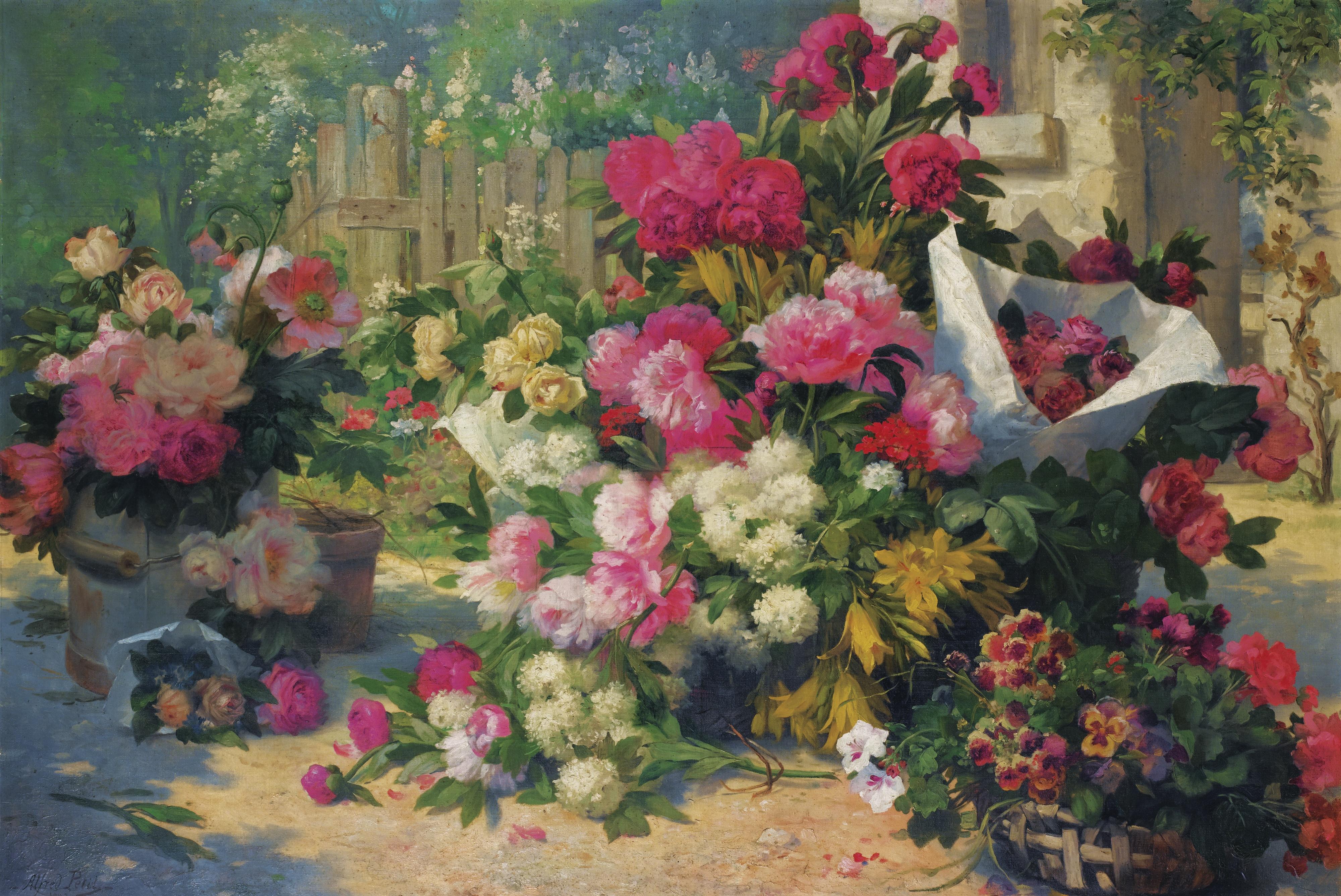 Alfred Petit - Paniers Et Pots De Fleurs Dans Un Jardinalfred Petit ; Flower Baskets And Flower Pots In A Garden ; Signed And Dated 1887 Lower Left ; Oil On Canvas