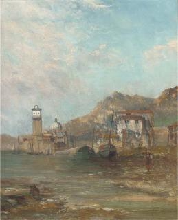 Alfred Pollentine - Figure And Boats At A Harbour Mouth With A Church Beyond