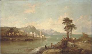 Alfred Pollentine - Figures before an italianate lake