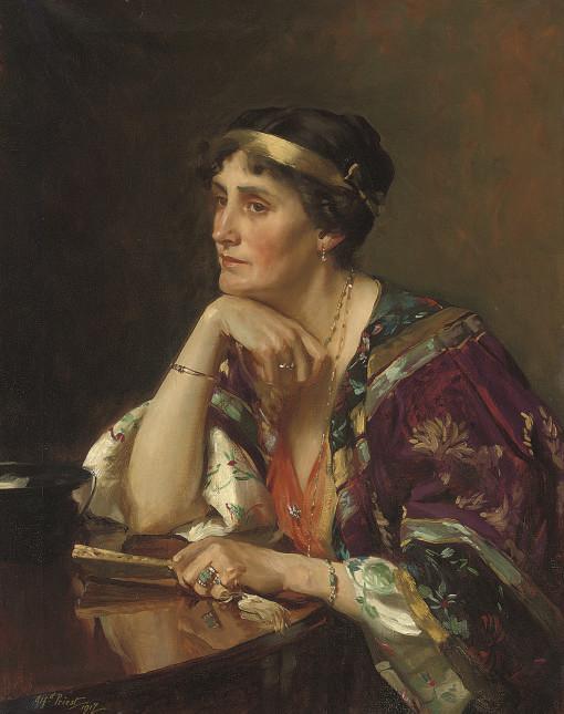 Alfred Priest - Portrait of Mrs Radcliffe, seated half-length, at a table in an oriental gown