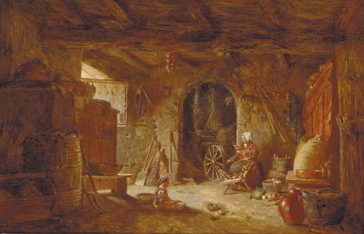 Alfred Provis - A Cottage Interior With A Woman At A Spinning Wheel