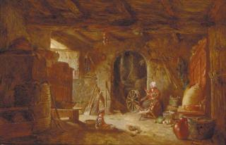Alfred Provis - A Cottage Interior With A Woman At A Spinning Wheel