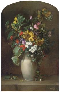 Alfred Renaudin - Sunflowers, Roses, And Other Summer Blooms In A Vase On A Stone Ledge
