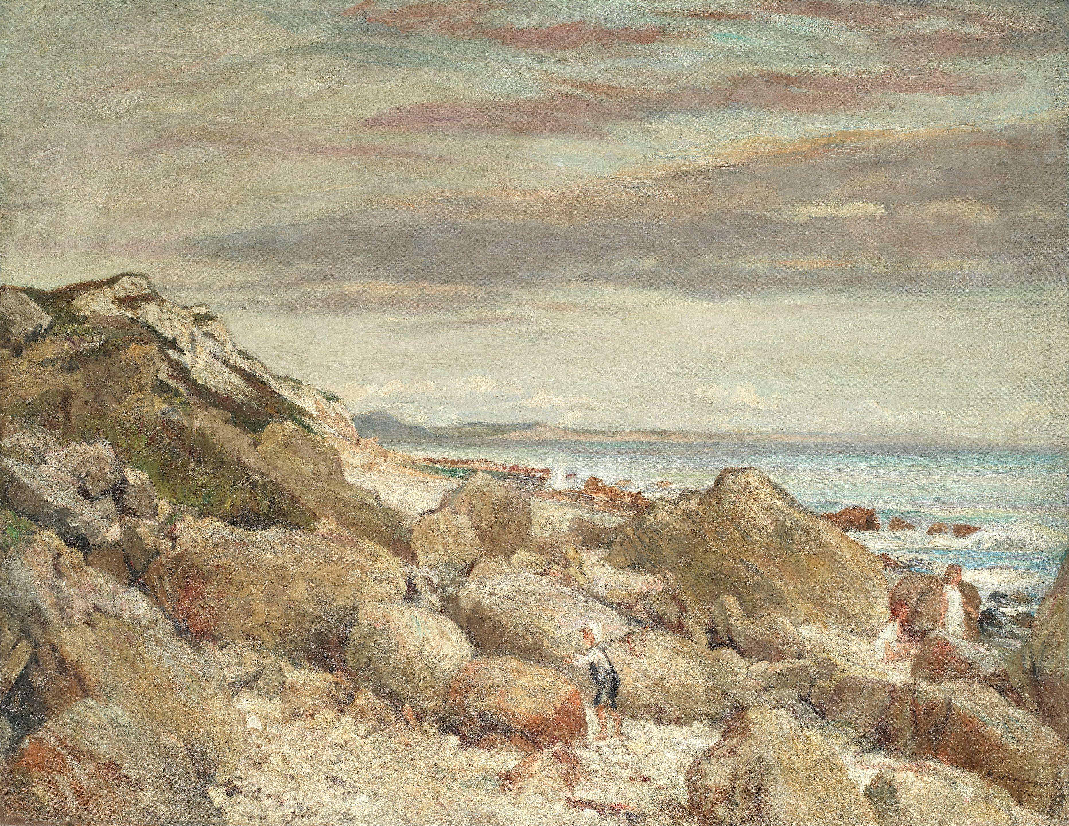 Alfred Robert Hayward - A view along the coast with children playing