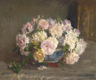 Alfred Robert Hayward - Pink Roses In A Porcelain Bowl
