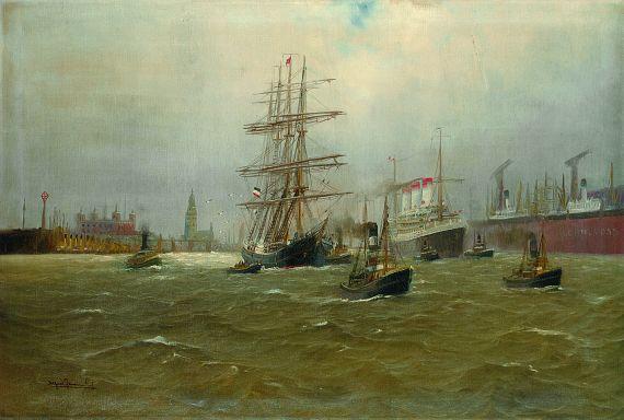 Alfred Serenius Jensen - Blick in den Hamburger Hafen mit Dock und der \