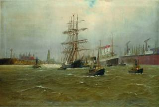 Alfred Serenius Jensen - Blick in den Hamburger Hafen mit Dock und der \