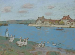 Alfred Sisley - Les oies au bord du Loing