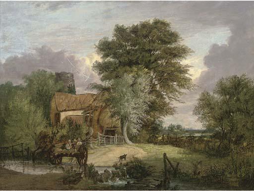 Alfred Stannard - A Wooded Landscape With Figures In A Cart Crossing A Ford, A Cottage And Ruined Tower Beyond
