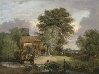 Alfred Stannard - A Wooded Landscape With Figures In A Cart Crossing A Ford, A Cottage And Ruined Tower Beyond