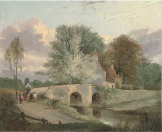 Alfred Stannard - Figures on a bridge with a cottage beyond