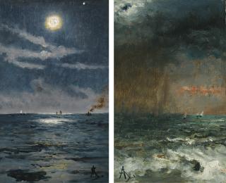 Alfred Stevens - A Calm Moonlit Marine Scene; A Storm At Sea