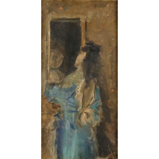 Alfred Stevens - Femme En Bleu Se Regardant Dans Un Miroir