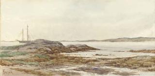 Alfred Thompson Bricher - A coastal inlet with a ship offshore