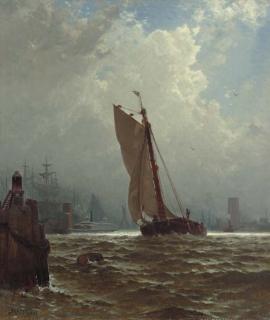 Alfred Thompson Bricher - New York Harbor with the Brooklyn Bridge Under Construction