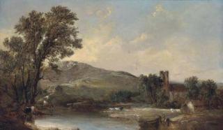 Alfred Vickers - Cattle watering by a church in a river landscape