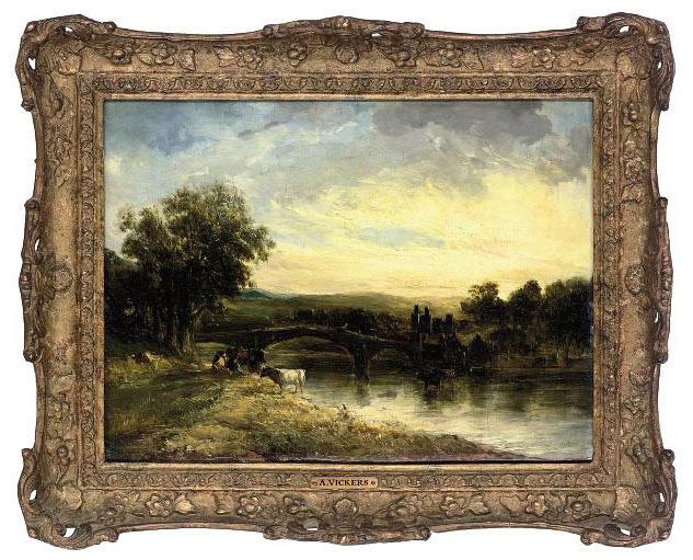 Alfred Vickers - Cattle watering with the sun setting beyond, North Wales