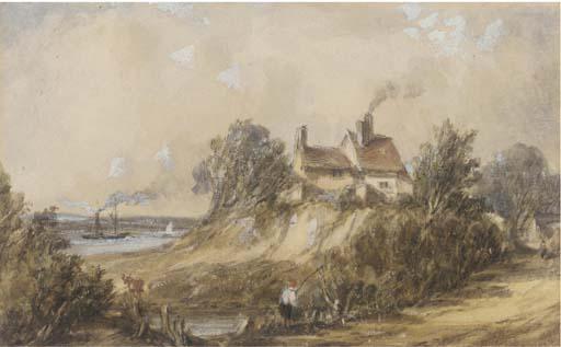 Alfred Vickers - Figures Before A Cottage, A Paddlesteamer On The River Beyond