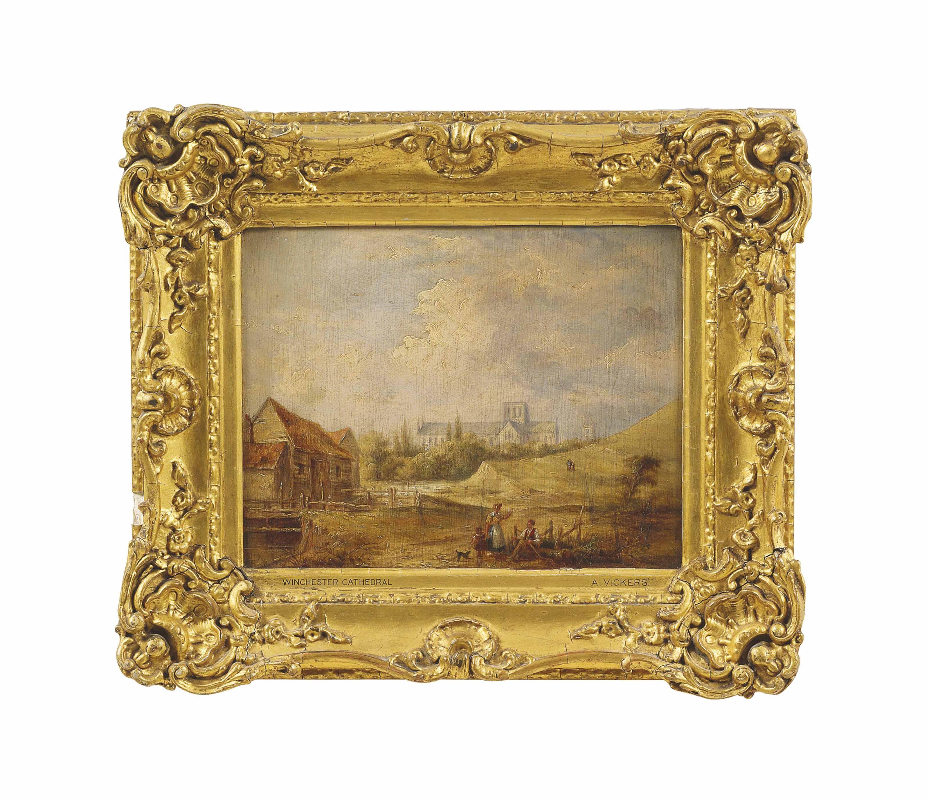 Alfred Vickers - Figures beside a farm, Winchester Cathedral beyond